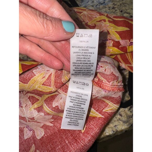 Floral Red Yellow 100% Linen Blouse Long Sleeves Rounded Hem Sustainable Cottage - Picture 7 of 8